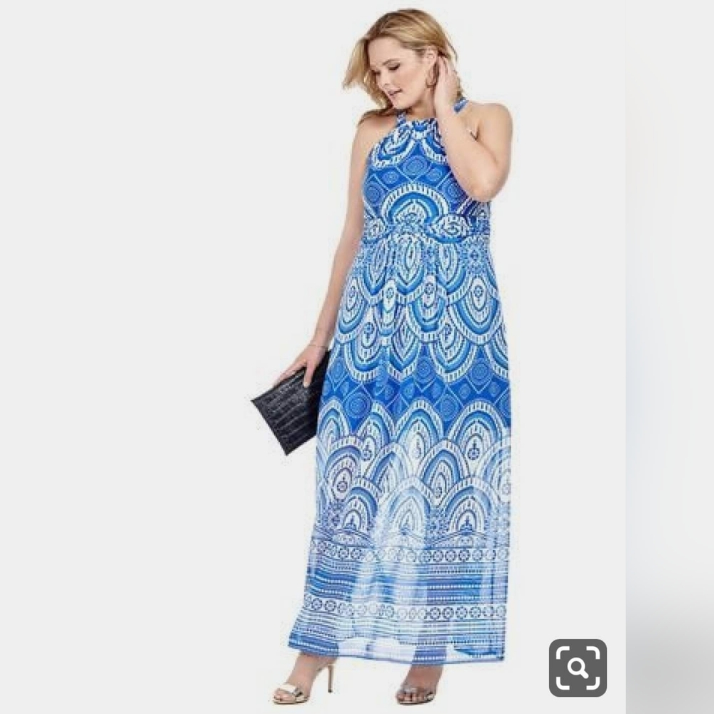 Taylor Woman Maxi Dress Lined Boho Blue White Print Flowy Goddess Long Gown 18W